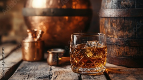 A glass of aged oak-aged scotch whiskey. Small barrel and copper alambic in the backdrop. Conventional idea for an alcohol distillery photo