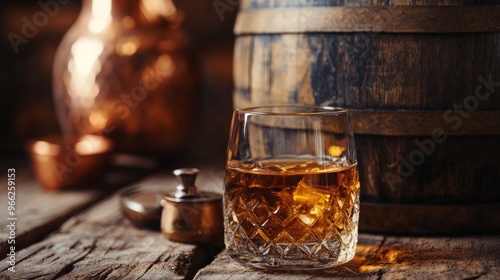 A glass of aged oak-aged scotch whiskey. Small barrel and copper alambic in the backdrop. Conventional idea for an alcohol distillery photo