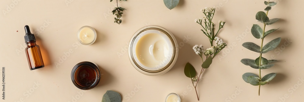 Flat lay of natural organic cosmetics on a beige background, featuring hand cream, essential oil Flat lay of natural organic cosmetics on a beige background, featuring hand cream, essential oil