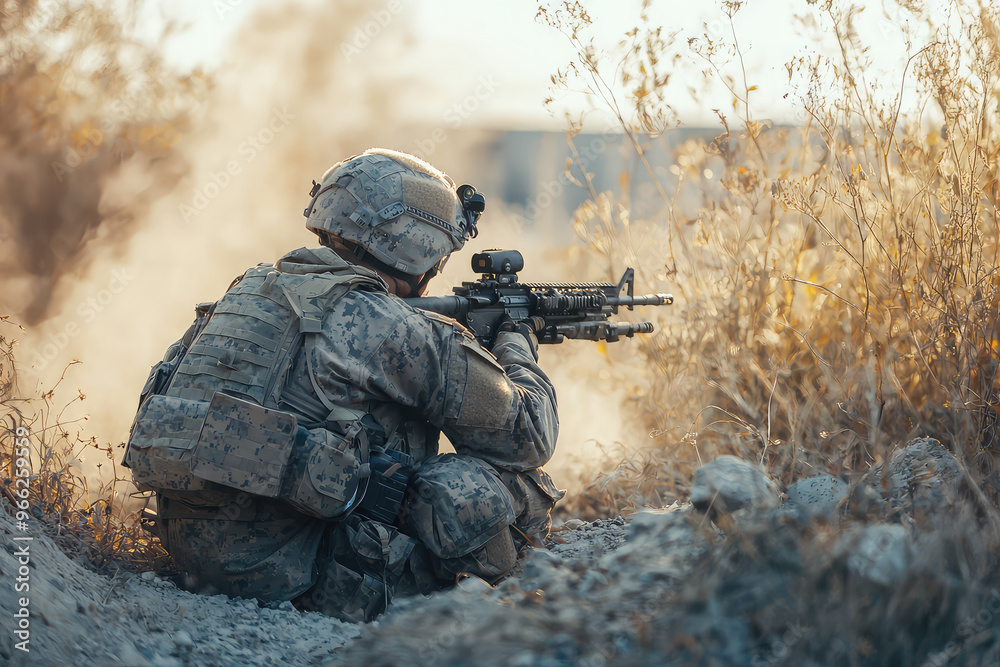 Fototapeta premium A Special Forces soldier securing perimeter during mission, focused and alert in natural environment. soldier is equipped with tactical gear and rifle, showcasing intensity of military operations