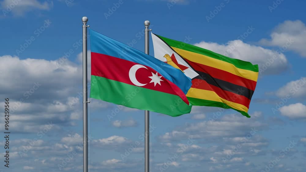 Zimbabwe and Azerbaijan flags flying together, video concept of the relationship, two country cooperation concept Zimbabwe and Azerbaijan flags flying together, video concept of the relationship, two country cooperation concept