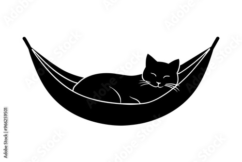 A cat lying in a hammock silhouette black vector art illustration