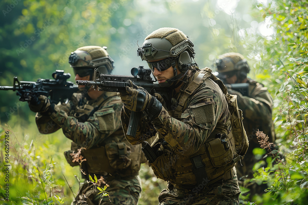Special Forces team conducting reconnaissance mission in dense forest, showcasing tactical gear and weapons. atmosphere is intense and focused, highlighting their professionalism and readiness