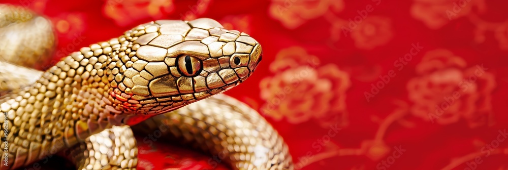 Gold snake on a vivid red background, celebrating the Chinese New Year of Snake 2025 with festive Gold snake on a vivid red background, celebrating the Chinese New Year of Snake 2025 with festive