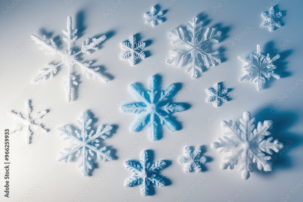 Diverse Frozen Snowflakes Analyzed Against a Bright White Background Diverse Frozen Snowflakes Analyzed Against a Bright White Background