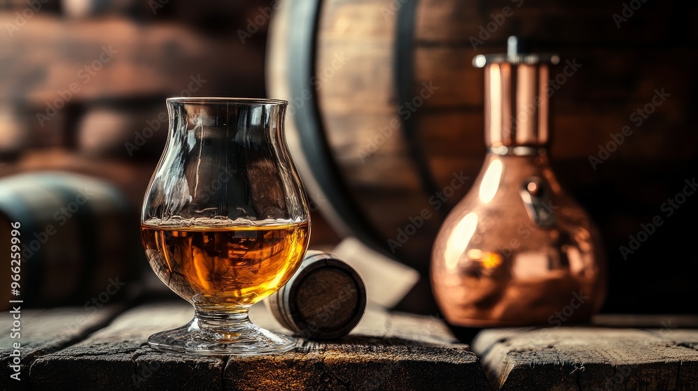 A glass of aged oak-aged scotch whiskey. Small barrel and copper alambic in the backdrop. Conventional idea for an alcohol distillery A glass of aged oak-aged scotch whiskey. Small barrel and copper alambic in the backdrop. Conventional idea for an alcohol distillery