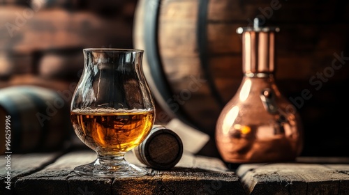 A glass of aged oak-aged scotch whiskey. Small barrel and copper alambic in the backdrop. Conventional idea for an alcohol distillery photo