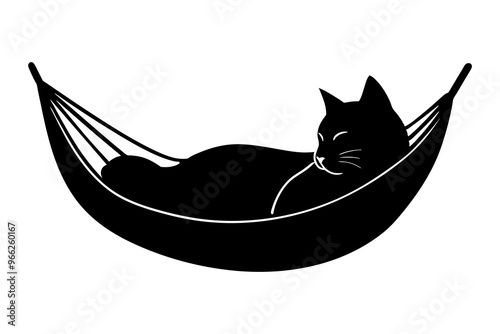 A cat lying in a hammock silhouette black vector art illustration