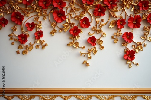 A white wall adorned with a delicate floral design, featuring red flowers and golden vines. The intricate details create a sense of elegance, luxury, and sophistication. The design evokes a sense of n photo