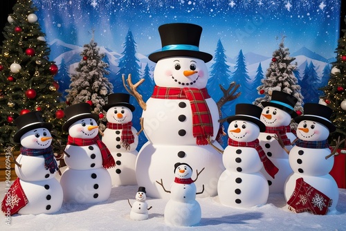 Whimsical Winter Festival Backdrop Featuring Animated Snowmen Gathering in a Snowy Terrain