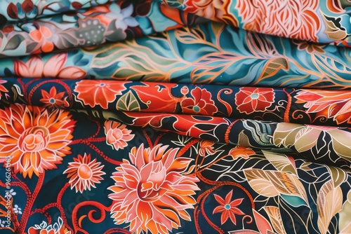 various choices of printed batik fabric material Malaysia tradition culture hand painted textile displayed various choices of printed batik fabric material Malaysia tradition culture hand painted text