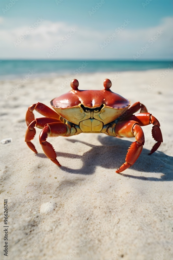 A red crab on con a pristine white beach. A red crab on con a pristine white beach.