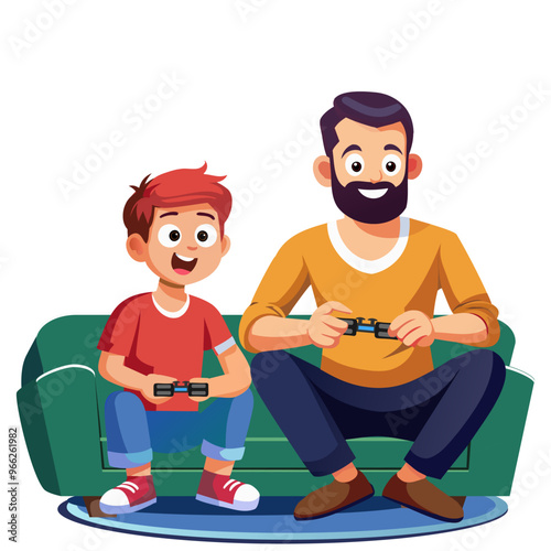 Dad plays with his son on the console. Concept art for Father's Day. Flat vector illustration in cartoon style.