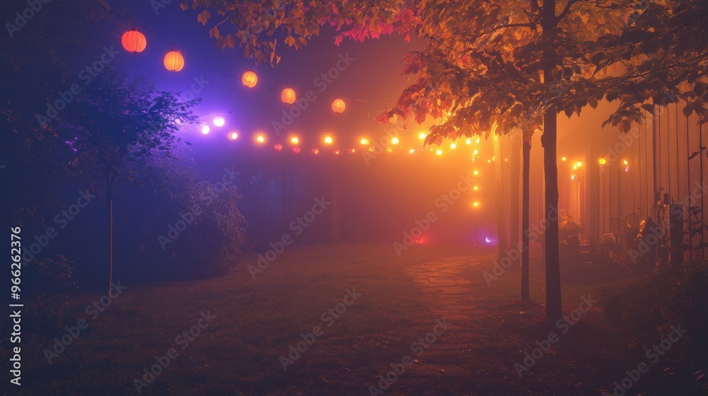 A misty garden illuminated by colorful lanterns, creating a serene and festive atmosphere. A misty garden illuminated by colorful lanterns, creating a serene and festive atmosphere.