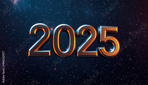 Metallic text 2025 on a blue starry background.