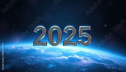 Metallic text 2025 on a blue starry background.
