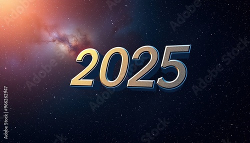 Metallic text 2025 on a blue starry background.