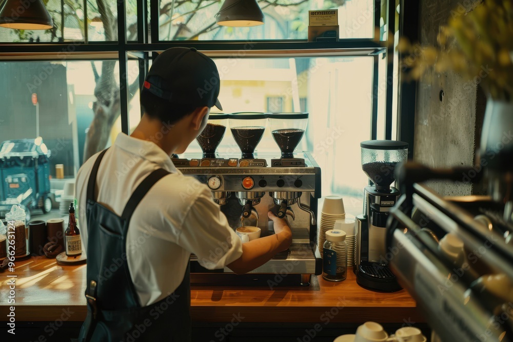 Barista with milk froth for latte art at cafe Rearview of barista working as the coffee counter while froth milk for making hot coffee menu at the coffee shop, Bangkok Thailand Barista with milk froth for latte art at cafe Rearview of barista working as the coffee counter while froth milk for making hot coffee menu at the coffee shop, Bangkok Thailand