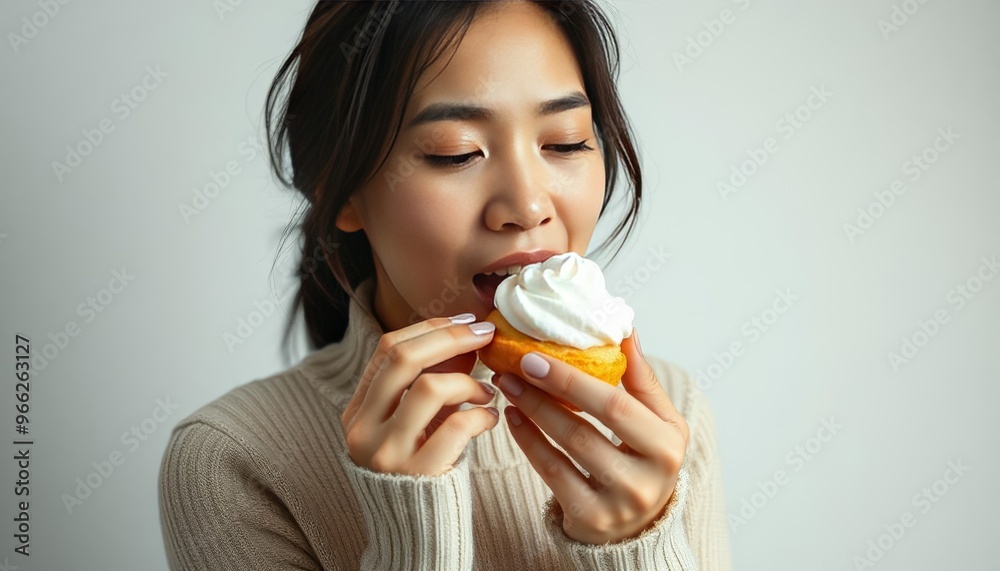 A ASIA WOMAN EATING A Cream Puff WITH A WHITE BACKGROUND A ASIA WOMAN EATING A Cream Puff WITH A WHITE BACKGROUND