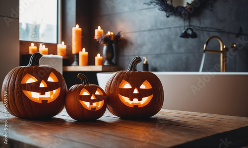 Three lit jack-o'-lanterns sit on a wooden table in a bathroom photo