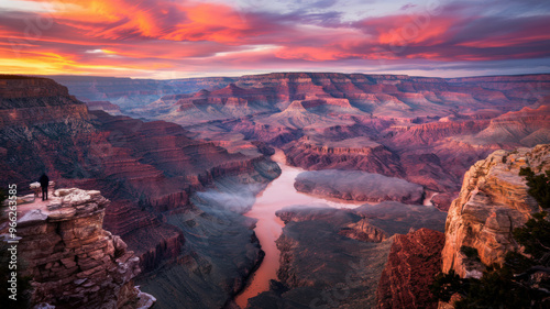 A photo of a scenic view of the Grand Canyon at sunset. The sky is painted with warm oranges, reds, and purples. The canyon is filled with a river that reflects the sky's colours.