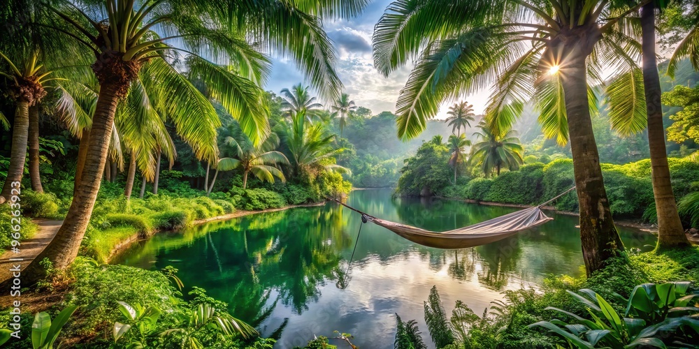 Serene forest surroundings with a tranquil lake in the background, featuring a partially hidden hammock amidst lush Serene forest surroundings with a tranquil lake in the background, featuring a partially hidden hammock amidst lush