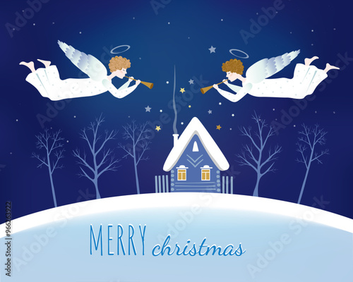 Vector scene with two angel flies over winter house. Christmas Eve. Hand drawn illustration.