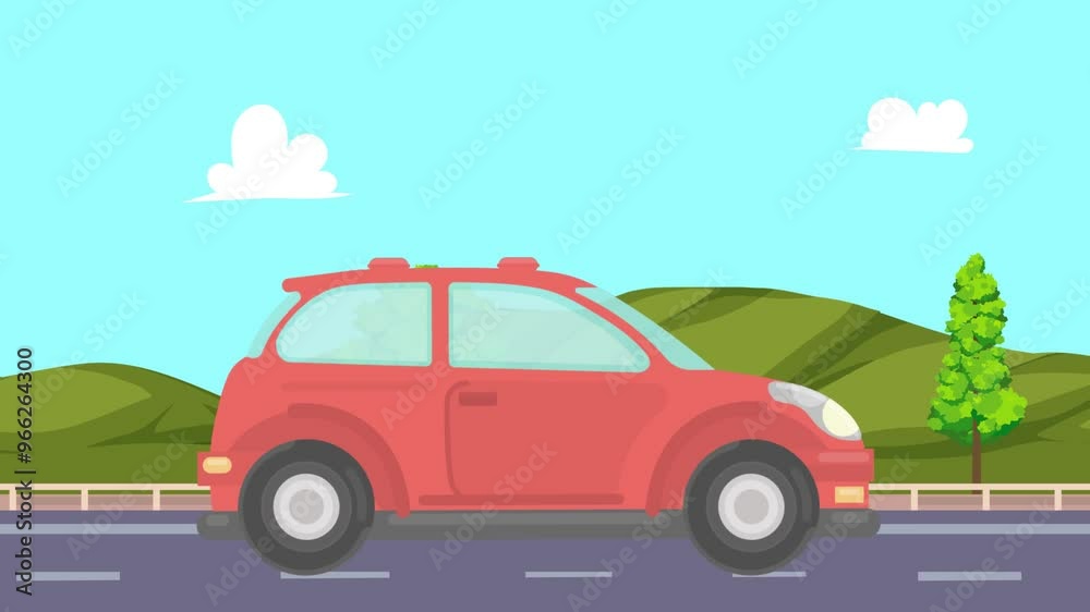 Realistic Car Running In The Road With Hills And Trees Background Realistic Car Running In The Road With Hills And Trees Background