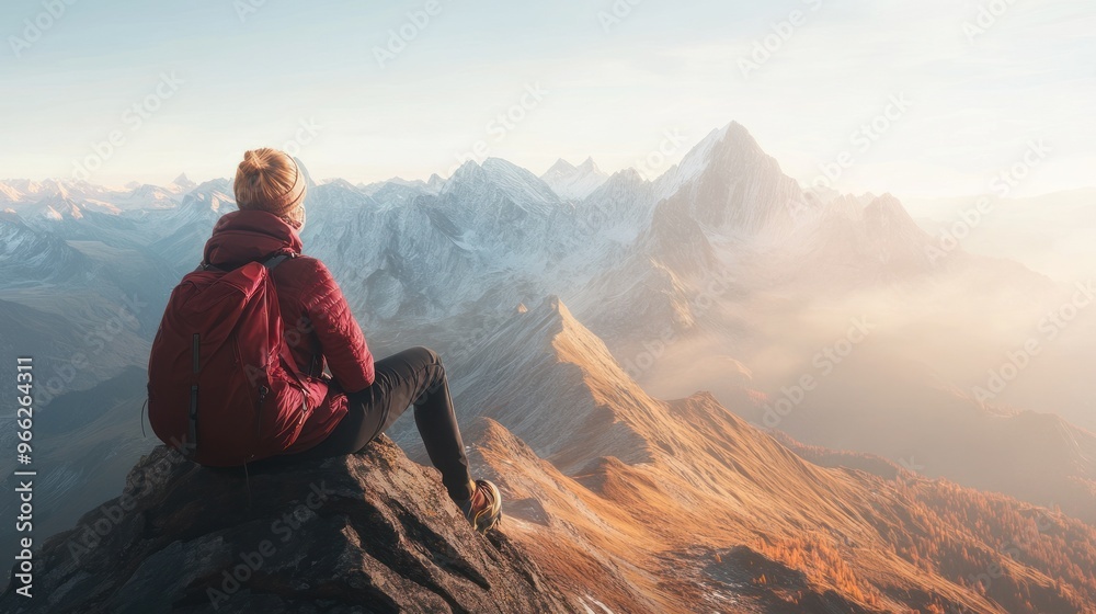 Fototapeta premium Hiker sitting on mountain summit during sunrise.