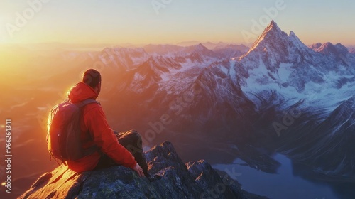 Solo traveler on mountain top gazing at sunrise