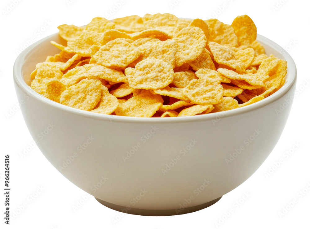 PNG Crunchy corn flakes in white bowl on table PNG Crunchy corn flakes in white bowl on table