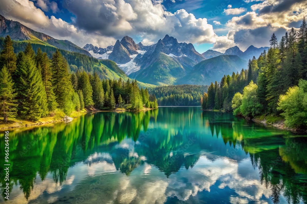 Serene landscape of a tranquil lake surrounded by lush green forests and majestic mountains, captured in stunning Serene landscape of a tranquil lake surrounded by lush green forests and majestic mountains, captured in stunning