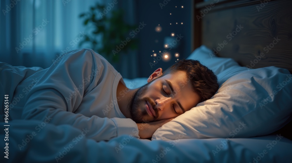 Sleeping Man Surrounded by Soft Glowing Dream Particles in Calm Bedroom Sleeping Man Surrounded by Soft Glowing Dream Particles in Calm Bedroom