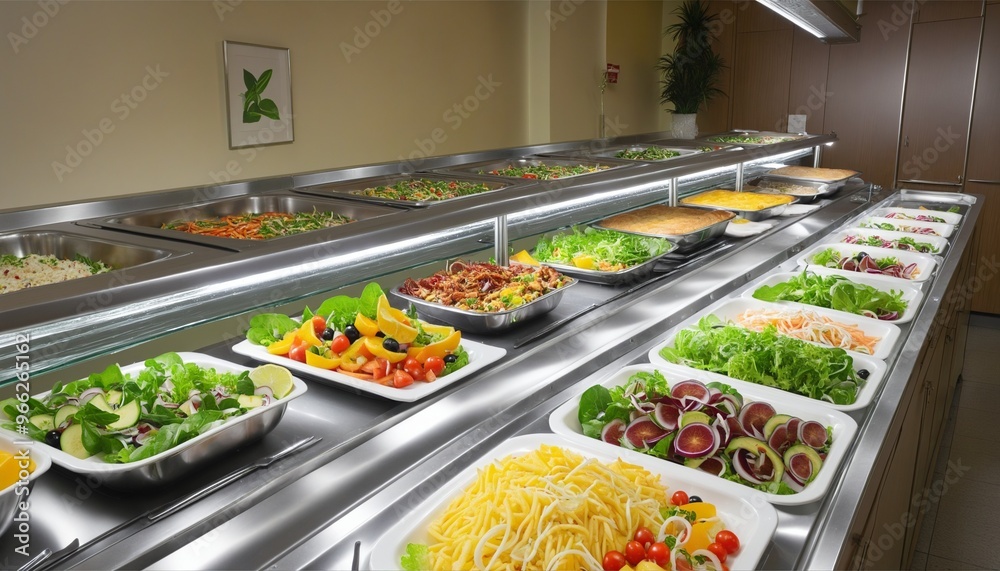 Fresh salads displayed on a buffet at a catered event or celebration Fresh salads displayed on a buffet at a catered event or celebration