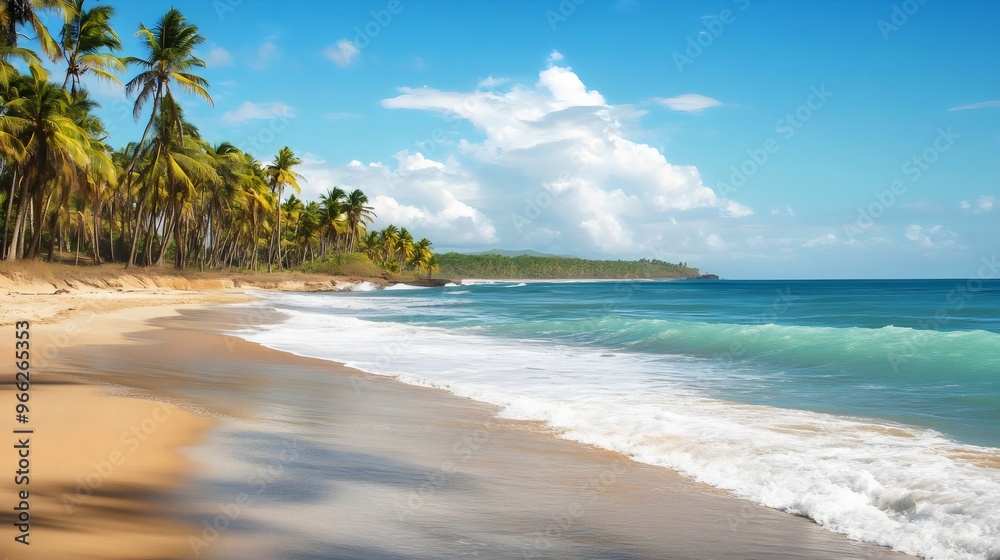 Obraz premium Tropical beach paradise with soft white sands and lush palm trees, inviting a relaxing getaway in a pristine natural environment