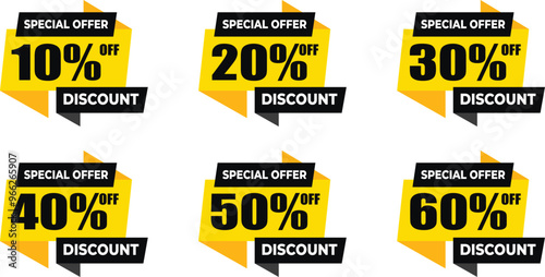 Sale vector badge templates 10% 20% 30% 40% 50% 60% off. Flat discount promotion icon, yellow sale sticker with black text. EPS 10 vector illustration.