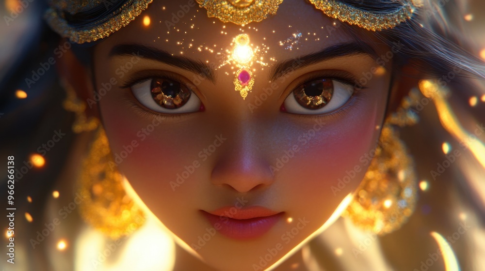 Close-up of a cute, radiant depiction of Durga with a magical aura, symbolizing her divine power and protection.