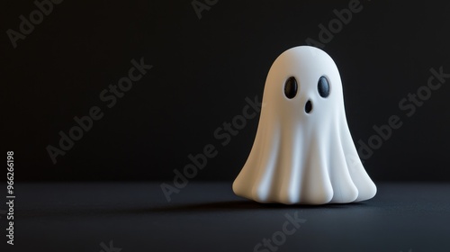 A cute, small white ghost figurine with black eyes, set against a dark background.