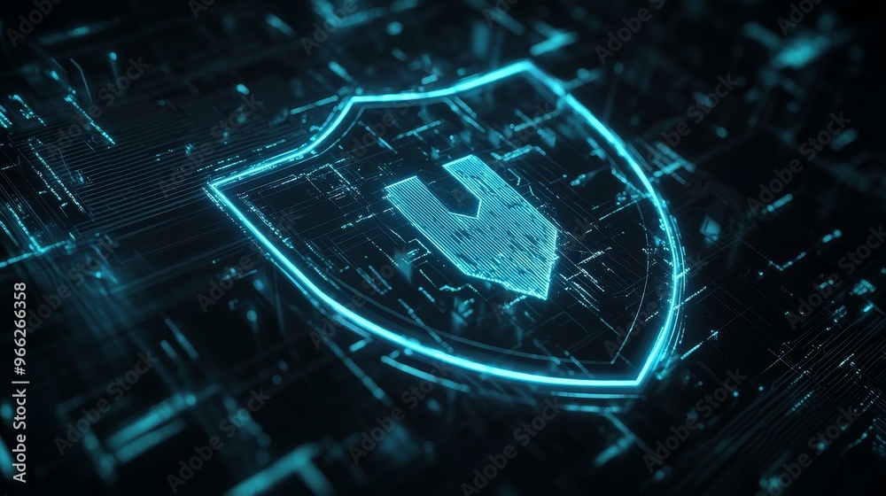 Fototapeta premium A digital shield graphic representing cyber security protection. The shield is formed by a network of digital lines