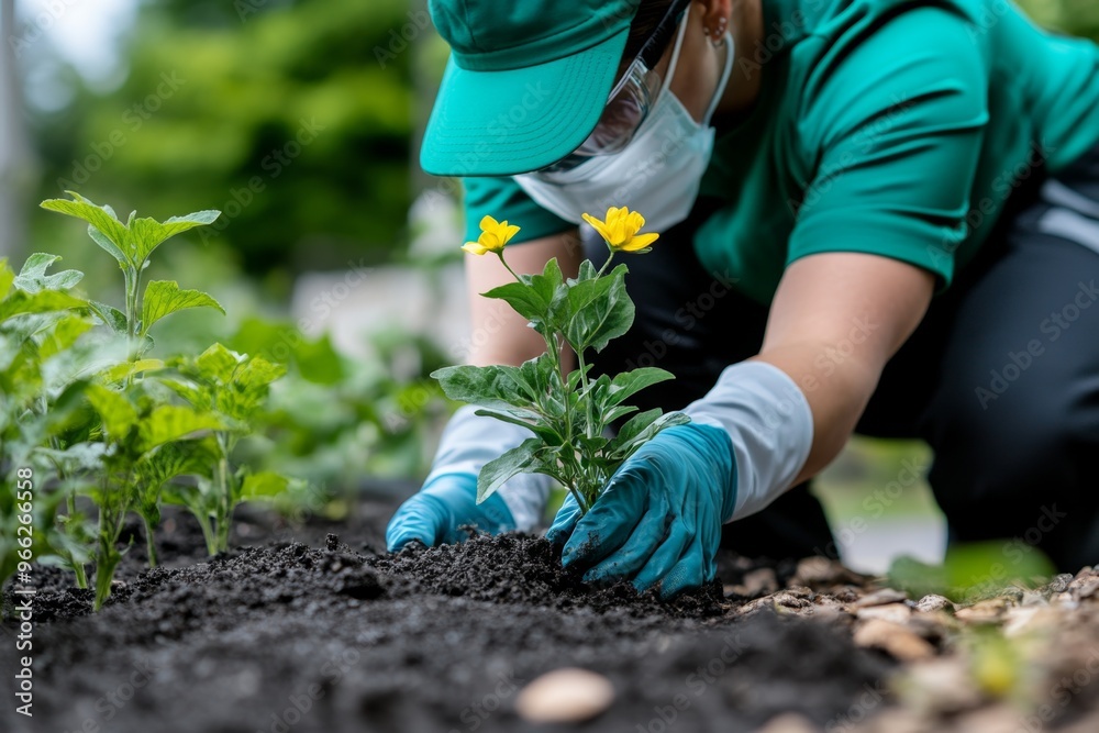 Naklejka premium A patient enjoying gardening with a caregiver, doing light outdoor activities that provide physical movement and emotional satisfaction