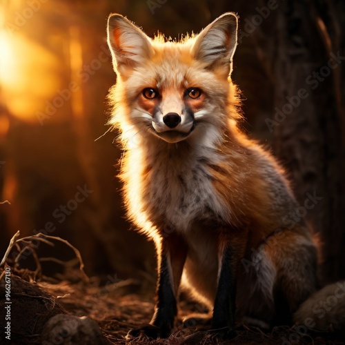 A majestic red fox stands alert in a forest at golden hour, its fur illuminated by the warm, golden sunlight filtering through the trees. The fox's intense gaze and detailed fur capture the wild