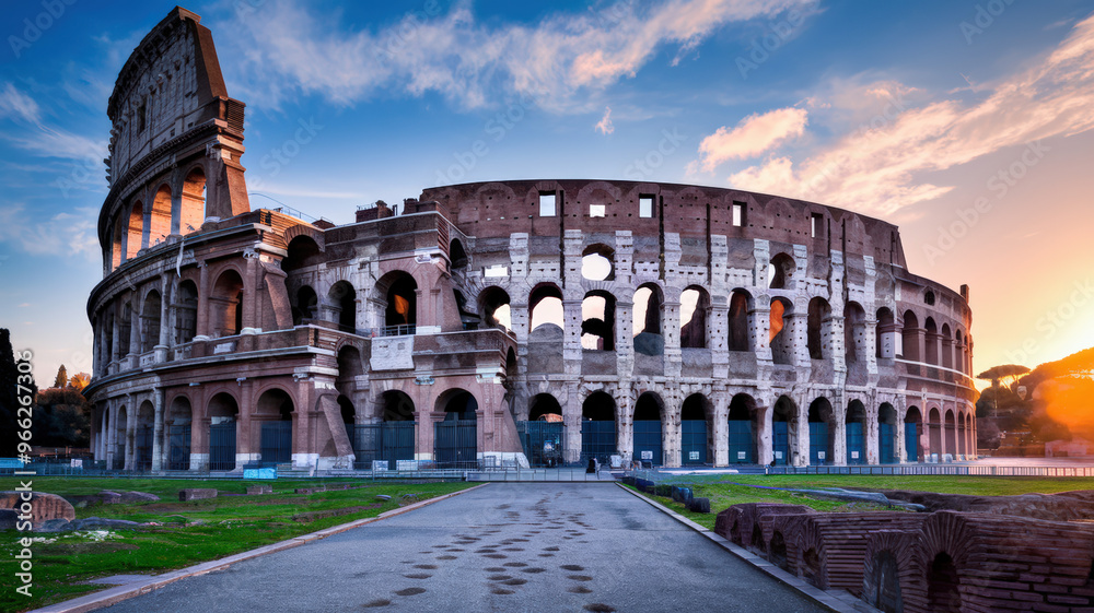 Naklejka premium A photo of the Colosseum in Rome, Italy, at sunset. The ancient amphitheater is partially in ruins, with some sections missing. The stone structure is a mix of grey and orange hues