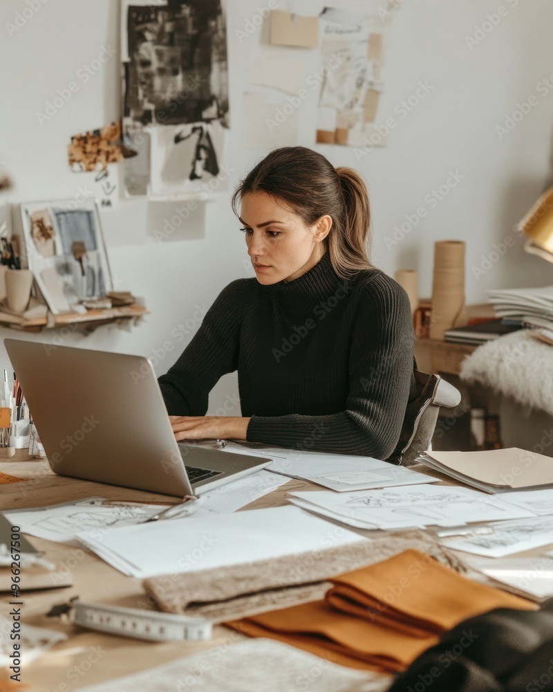 Focused woman in modern workspace working on laptop. Focused woman in modern workspace working on laptop.