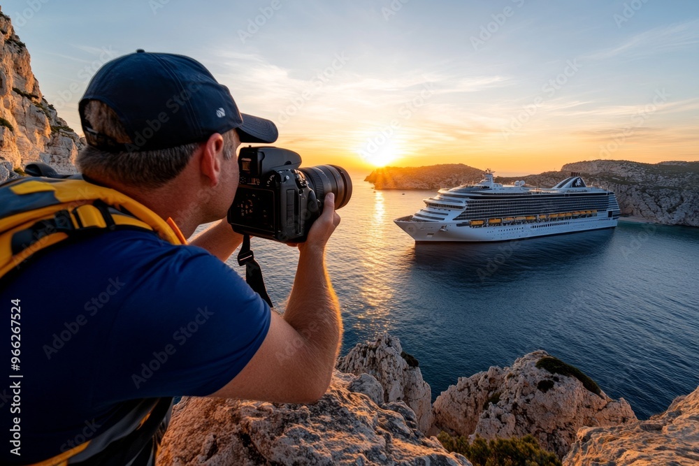 Obraz premium A photographer capturing the sunset over the Calanques, with a cruise ship docked in the background, enhancing the beauty of the scene