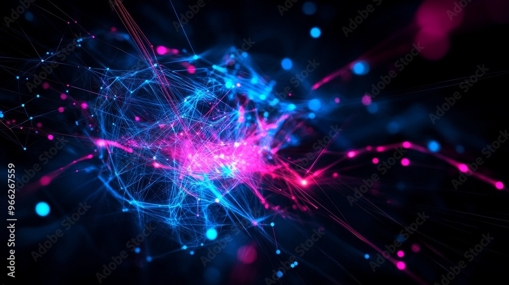 This abstract image depicts a vibrant digital network, symbolized by interconnected lines and glowing particles in shades of blue and pink. It represents concepts of connectivity, data flow, innovatio This abstract image depicts a vibrant digital network, symbolized by interconnected lines and glowing particles in shades of blue and pink. It represents concepts of connectivity, data flow, innovatio