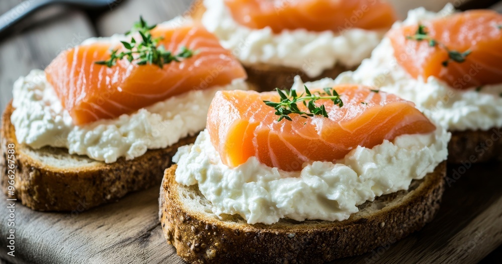 Delicious smoked salmon and creamy cheese on crusty bread served on a plate in a bright kitchen Delicious smoked salmon and creamy cheese on crusty bread served on a plate in a bright kitchen