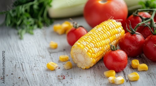Fresh vegetables and corn on a rustic wooden table ready for preparation