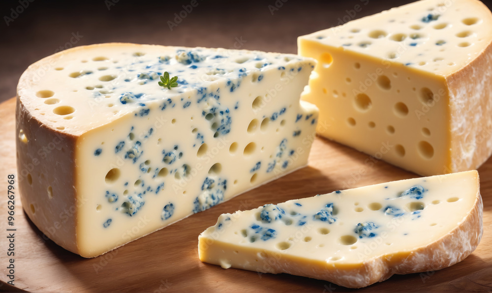 A close-up of a wheel of blue cheese on a wooden cutting board A close-up of a wheel of blue cheese on a wooden cutting board