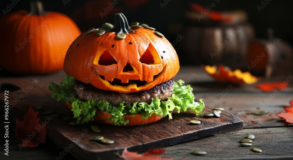 A creative jack-o-lantern burger crafted from pumpkin and lettuce for a Halloween celebration A creative jack-o-lantern burger crafted from pumpkin and lettuce for a Halloween celebration