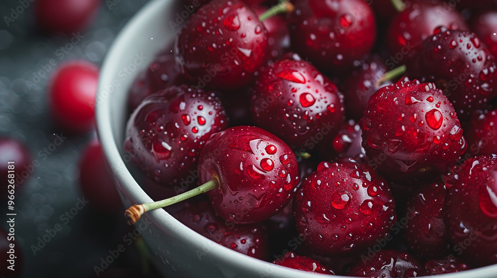 A close-up of fresh red cherries with water droplets, piled together in a white ceramic bowl. A close-up of fresh red cherries with water droplets, piled together in a white ceramic bowl.